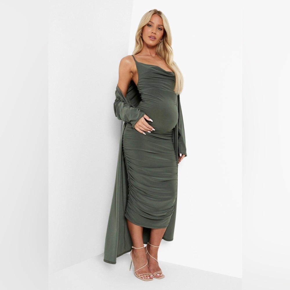 BOOHOO maternity dress. Olive green, size 4. Worn once!! Perfect condition